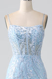 Sky Blue Sparkly Mermaid Corset Ball Dress with Sequins