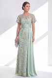 Green Mermaid Round Neck Floral Mother Of the Bride Dress with Sash