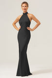 Dark Green Sheath Halter Long Bridesmaid Dress With Slit