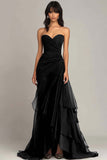 Black Sweetheart Ruched Ruffled Black Tie Dress