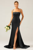 Black Mermaid Spaghetti Straps Satin Pleated Prom Dress