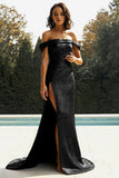Gold Off The Shoulder Sheath Metallic Satin Prom Dress With Slit