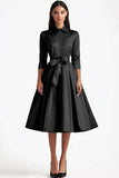 Blue A Line Flared Front Button Closures Mid Length Formal Dress with Long Sleeves