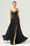 Eucalyptus A-Line Spaghetti Straps Pleated Chiffon Bridesmaid Dress with Slit