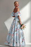 A-Line Pink Strapless Floral Long Bridesmaid Dress with Puff Sleeves