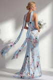 Mermaid Pink Strapless Floral Printed Long Bridesmaid Dress with Slit