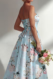 Floral Blue A-Line Strapless Printed Long Bridesmaid Dress