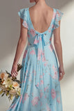 A Line Blue Chiffon Printed Floral Long Bridesmaid Dress with Ruffles