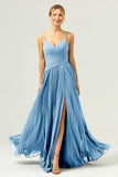 Eucalyptus A-Line Spaghetti Straps Pleated Chiffon Bridesmaid Dress with Slit