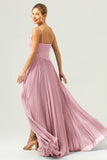 Eucalyptus A-Line Spaghetti Straps Pleated Chiffon Bridesmaid Dress with Slit