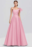 Fuchsia A Line One Shoulder Bow Satin Long Formal Dress