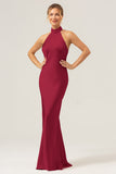 Dark Green Sheath Halter Long Bridesmaid Dress With Slit