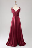 Simple Burgundy Spaghetti Straps Ruched Ball Dress with Slit