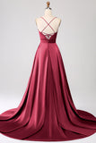 Burgundy A Line Spaghetti Straps Satin Prom Dress with Slit