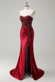 Sparkly Blue Mermaid Corset Satin Long Prom Dress with Slit