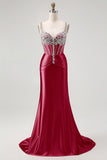 Mermaid Spaghetti Straps Corset Blush Long Prom Dress with Rhinestones