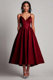 Red Satin A-Line Tea Length Formal Dress