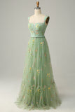 Green A-Line Square Neck Long Ball Dress with Embroidery