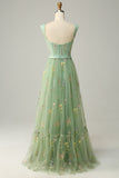 Green A-Line Square Neck Long Ball Dress with Embroidery