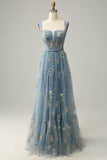 Grey Blue A-Line Square Neck Long Ball Dress with Embroidery