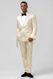 Glitter Champagne Shawl Lapel Jacquard 2 Piece Men's Prom Suits with Belt