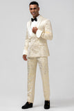 Glitter Champagne Shawl Lapel Jacquard 2 Piece Men's Prom Suits with Belt