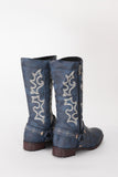 Blue Embroidered Cowgirl Boho Mid Calf Boots