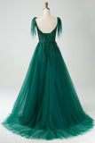 Dark Green A-Line Spaghetti Straps Tulle Long Ball Dress with Beading