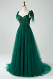 Dark Green A-Line Spaghetti Straps Tulle Long Ball Dress with Beading