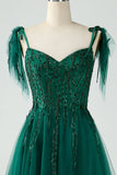 Dark Green A-Line Spaghetti Straps Tulle Long Ball Dress with Beading