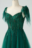 Dark Green A-Line Spaghetti Straps Tulle Long Ball Dress with Beading