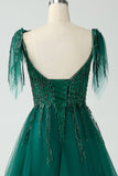 Dark Green A-Line Spaghetti Straps Tulle Long Ball Dress with Beading