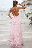 Pink Spaghetti Straps Ball Dress with Flowers