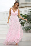 Pink Spaghetti Straps Ball Dress with Flowers