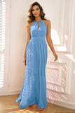 Blue A-Line Sleeves Long Formal Dress