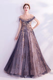 Sparkly Purple A-Line Tulle Long Ball Dress