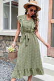 V Neck High Waist Green Summer Dress