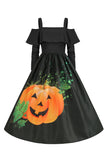 A Line Halloween Pumpkin Printed Black Orange Cold Shoulder Vintage Dress