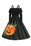 A Line Halloween Pumpkin Printed Black Orange Cold Shoulder Vintage Dress