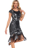 Black Sheath Cap Sleeves Sequins 1920s Flapper Dress with Fringes