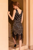 Sparkly Black Golden Sheath Sequins 1920s Flapper Dress with Fringe