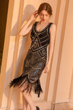 Sparkly Black Golden Sheath Sequins 1920s Flapper Dress with Fringe