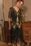 Sparkly Black Golden Short Sleeves V-neck Sequins 1920s Gatsby Dress with Fringes