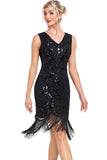 Sparkly Black Sequins V-Neck 1920s Flapper Dress with Fringes