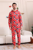 Elk Print Red Matching Christmas One Piece Pajamas