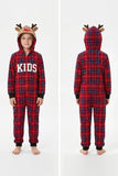 Red Grid Long Sleeve Plaid Reindeer Hooded Family Matching Pajamas Set