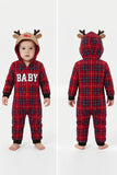 Red Grid Long Sleeve Plaid Reindeer Hooded Family Matching Pajamas Set