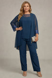Navy 3 Pieces Long Sleeves Plus Size Mother of the Bride Pant Suits