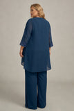 Navy 3 Pieces Long Sleeves Plus Size Mother of the Bride Pant Suits