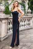 Back Blue Mermaid Spaghetti Straps Long Wedding Party Dress with Slit